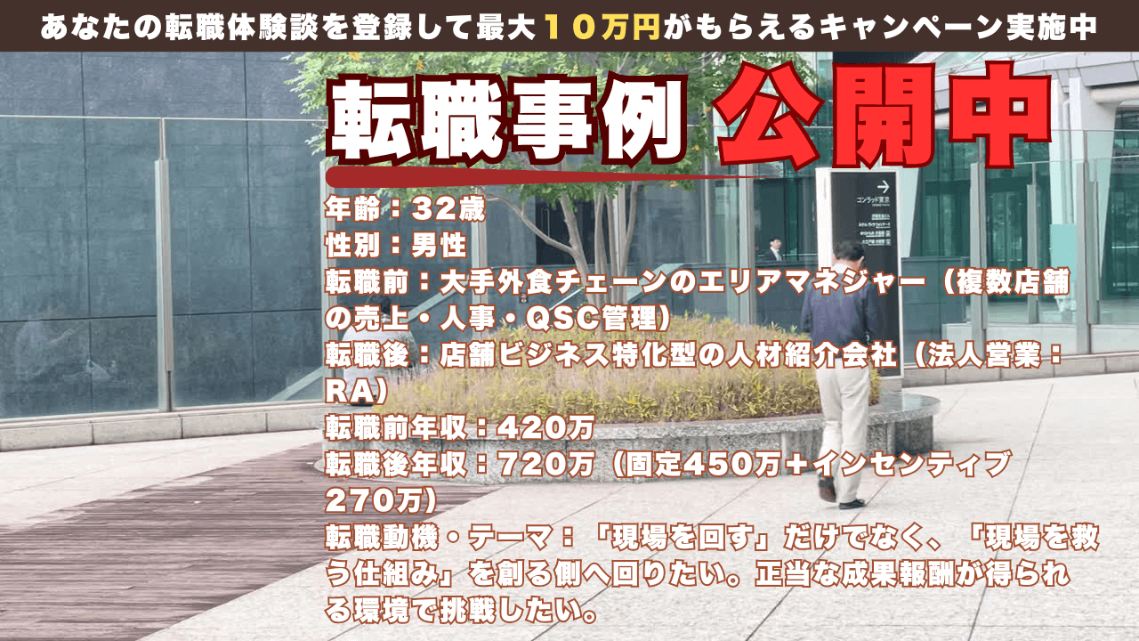 現場叩き上げのリベンジ転職｜飲食店マネジャーから店舗・流通特化RAへ。年収420万→720万